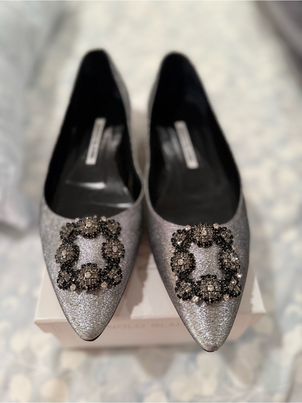 Manolo Blahnik Hangisi silver glitter fabric jewel buckle pointed toe flat